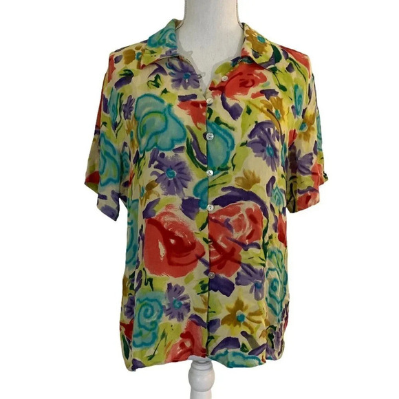 Andrea Viccaro Colorful Floral Blouse Collared Button Up Watercolor Lightweight - Picture 1 of 6